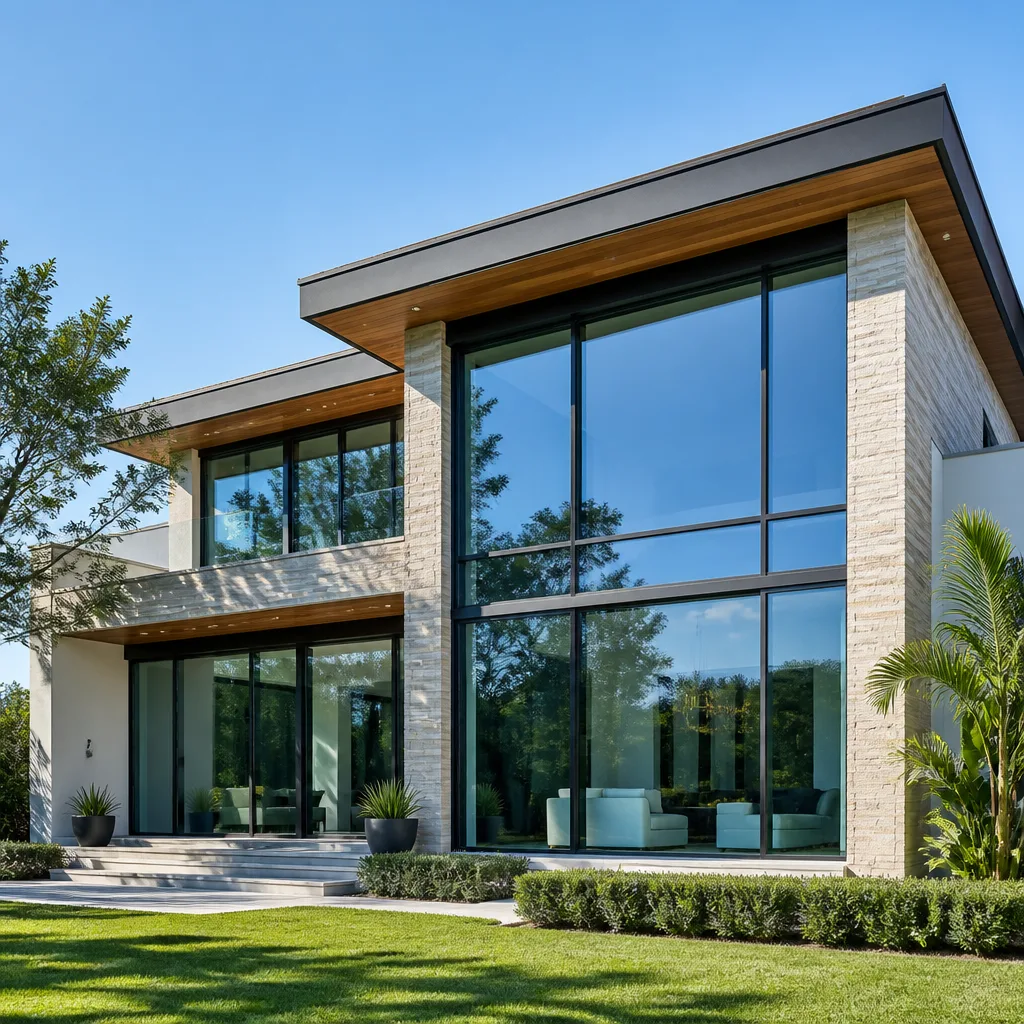 Modern luxury home exterior with floor-to-ceiling impact windows and sliding glass doors